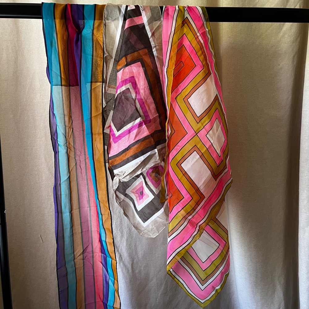 Vintage Mod Scarf Bundle Lot of 3 Pink Orange Geometric Sheer Scarves